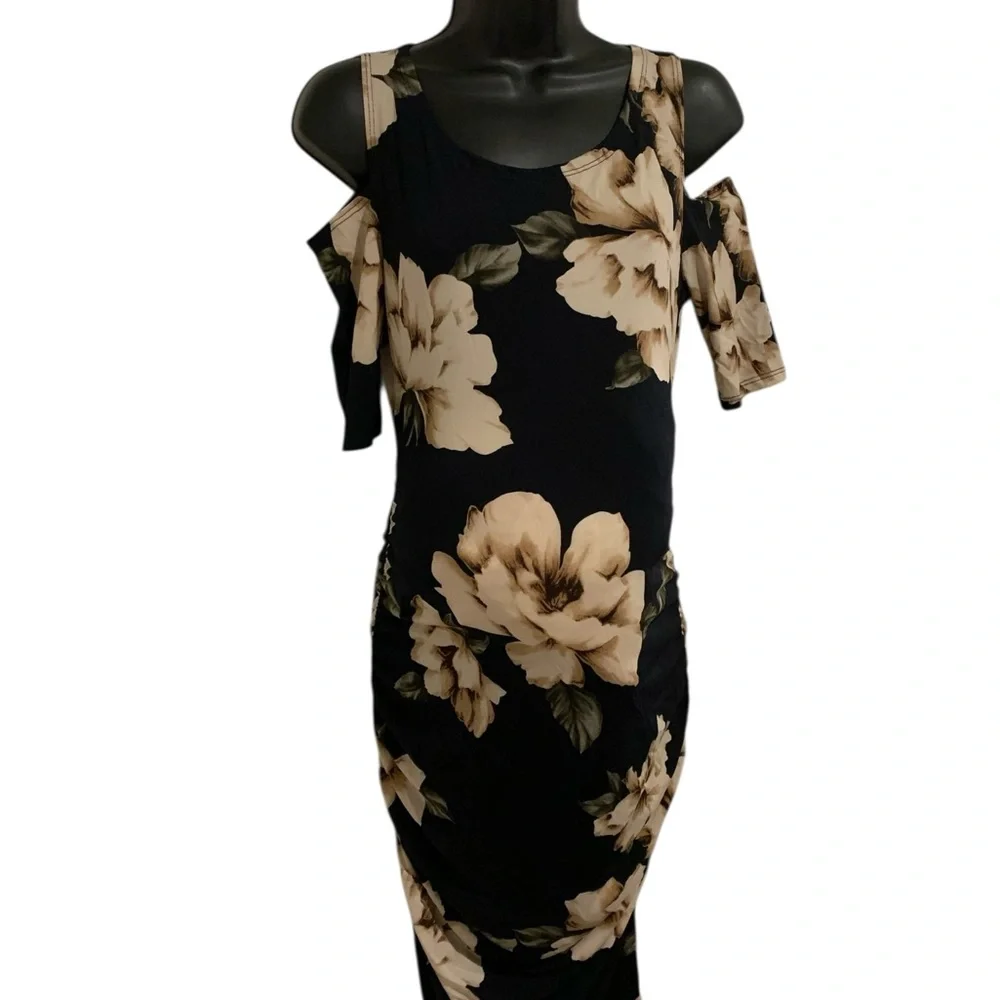Maternity Maxi Dress Black & Cream Floral Off Shoulder Flutter Sleeve - Picture 2 of 5